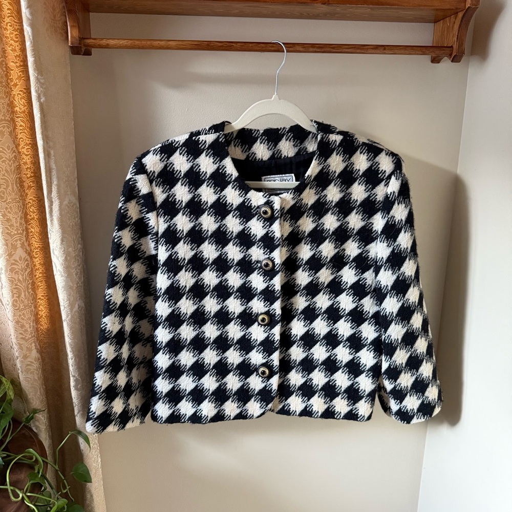 Vtg‎ Black & White Houndstooth Wool Blazer
